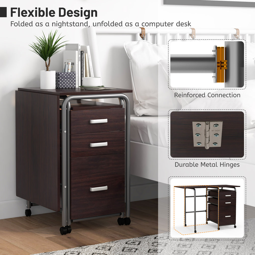 Folding Computer Desk with 3 Drawers & Wheels - Brown
