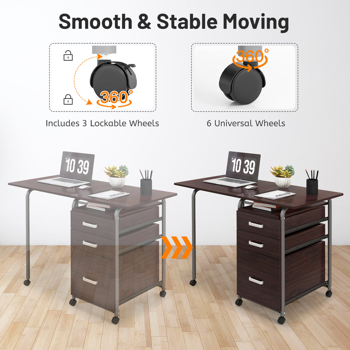 Folding Computer Desk with 3 Drawers & Wheels - Brown