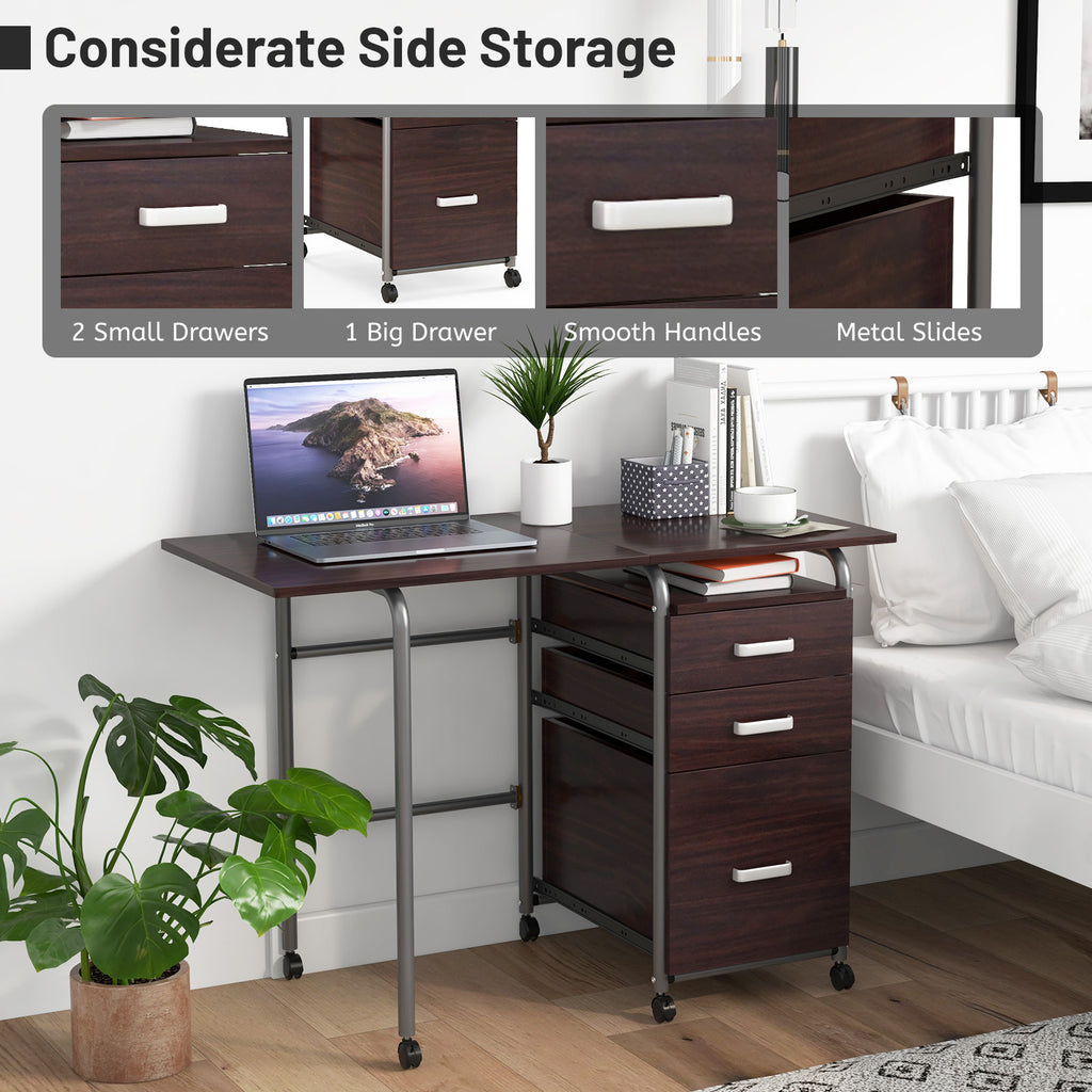 Folding Computer Desk with 3 Drawers & Wheels - Brown