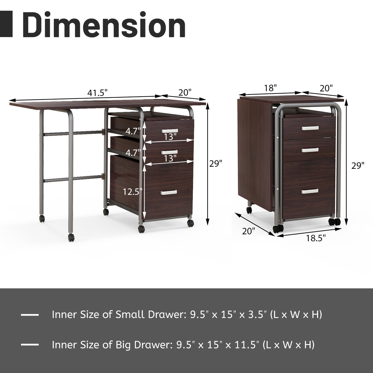 Folding Computer Desk with 3 Drawers & Wheels - Brown