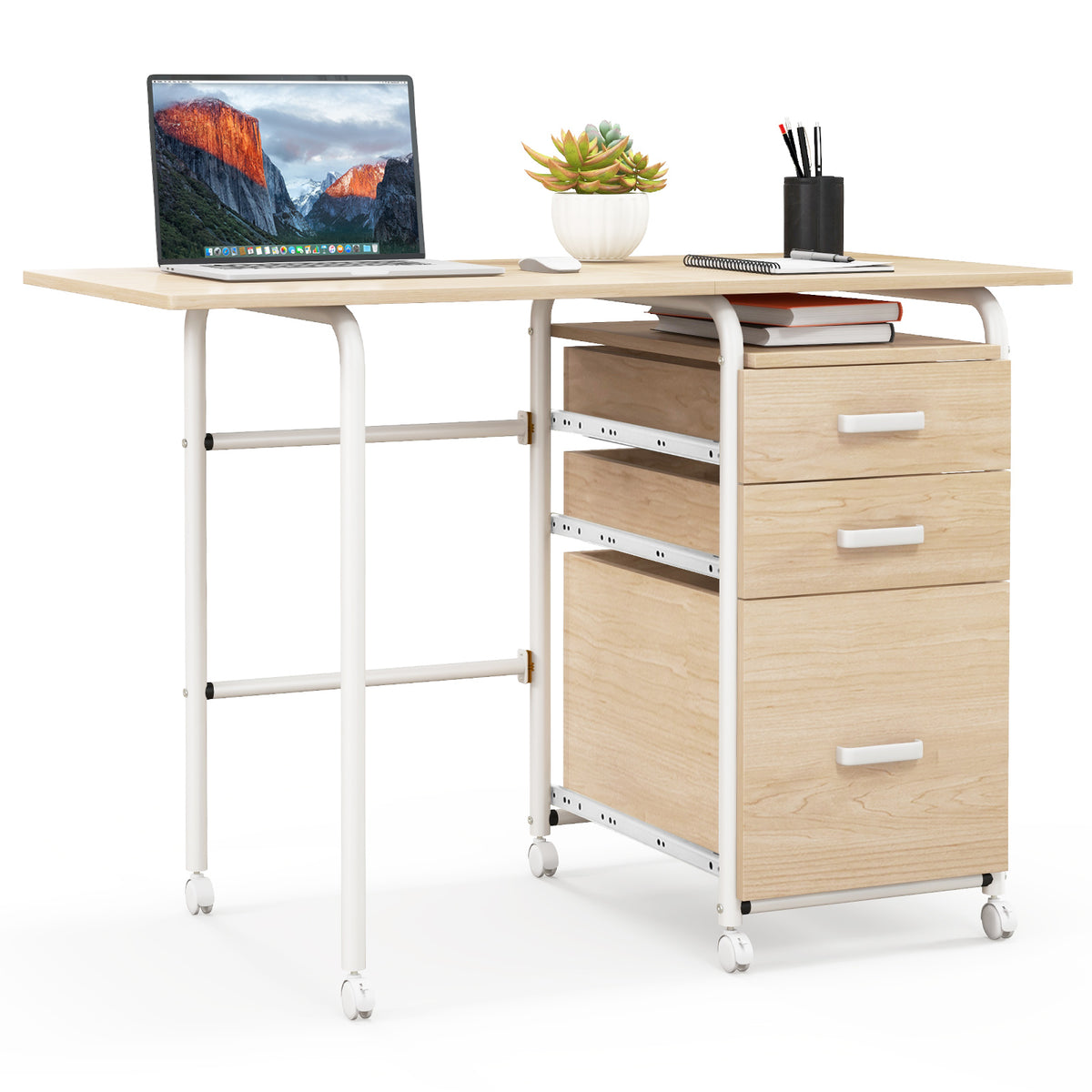 Folding Computer Desk with 3 Drawers & Wheels - Brown