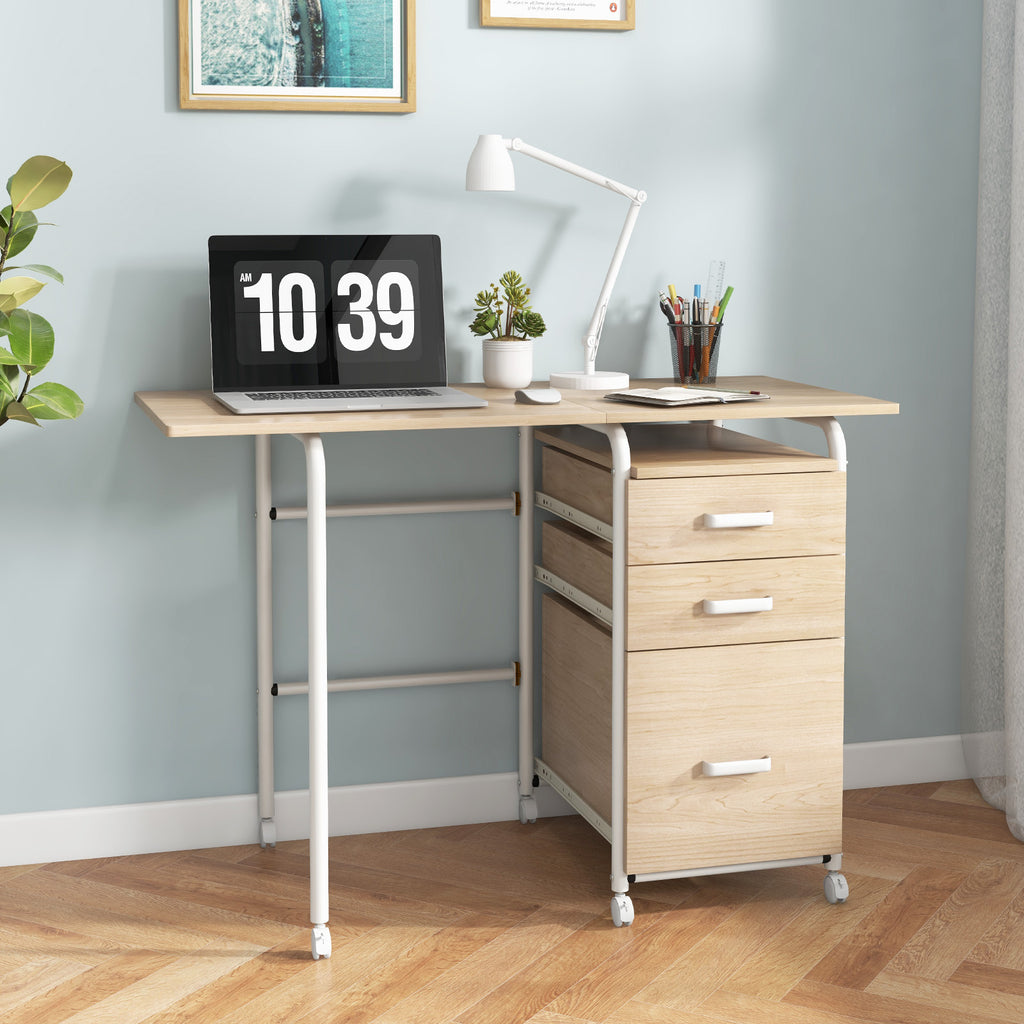 Folding Computer Desk with 3 Drawers & Wheels - Brown