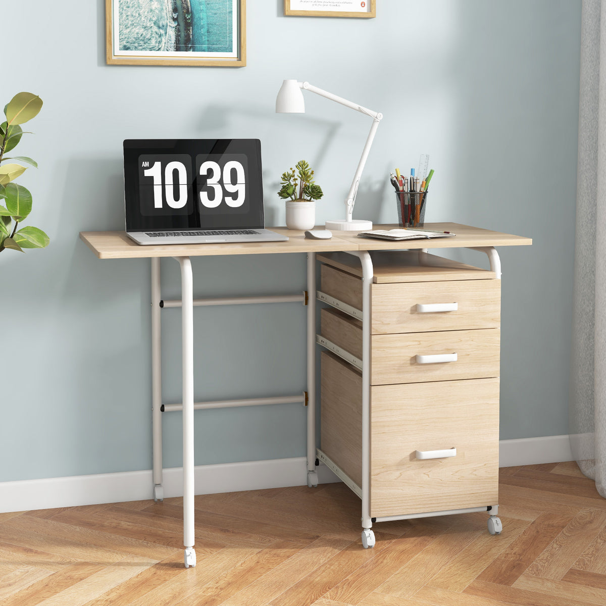 Folding Computer Desk with 3 Drawers & Wheels - Brown