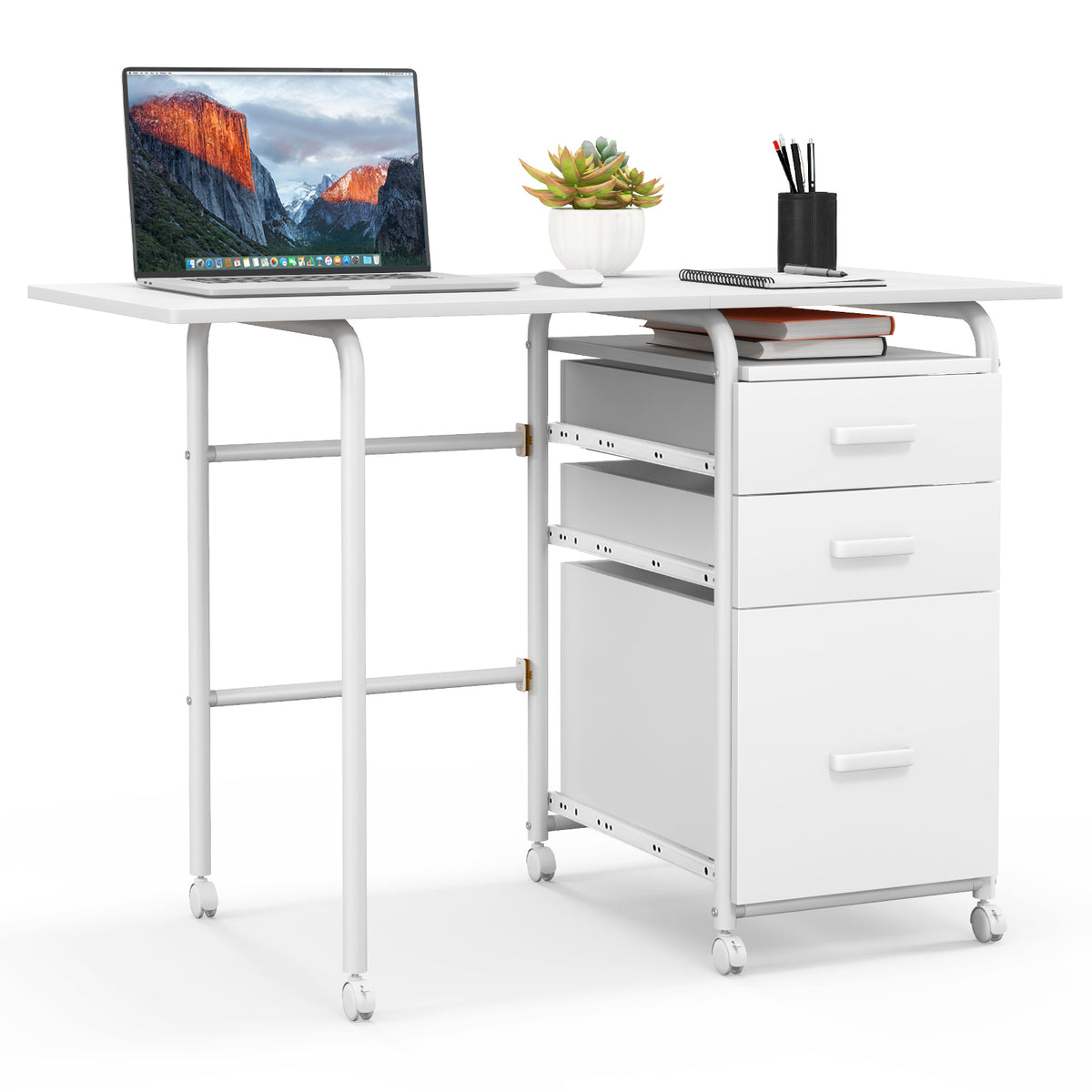 Folding Computer Desk with 3 Drawers & Wheels - Brown