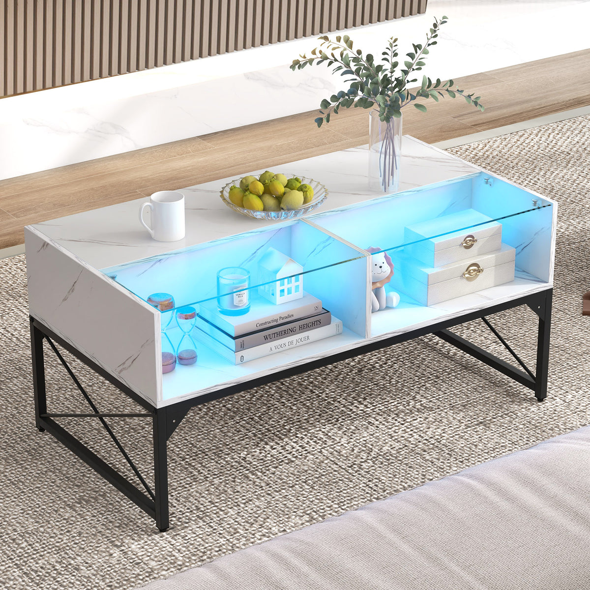 Center Table with Faux Marble Top and LED Lights - White