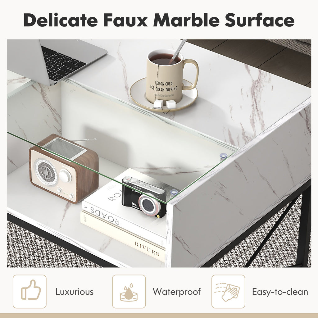 Center Table with Faux Marble Top and LED Lights - White
