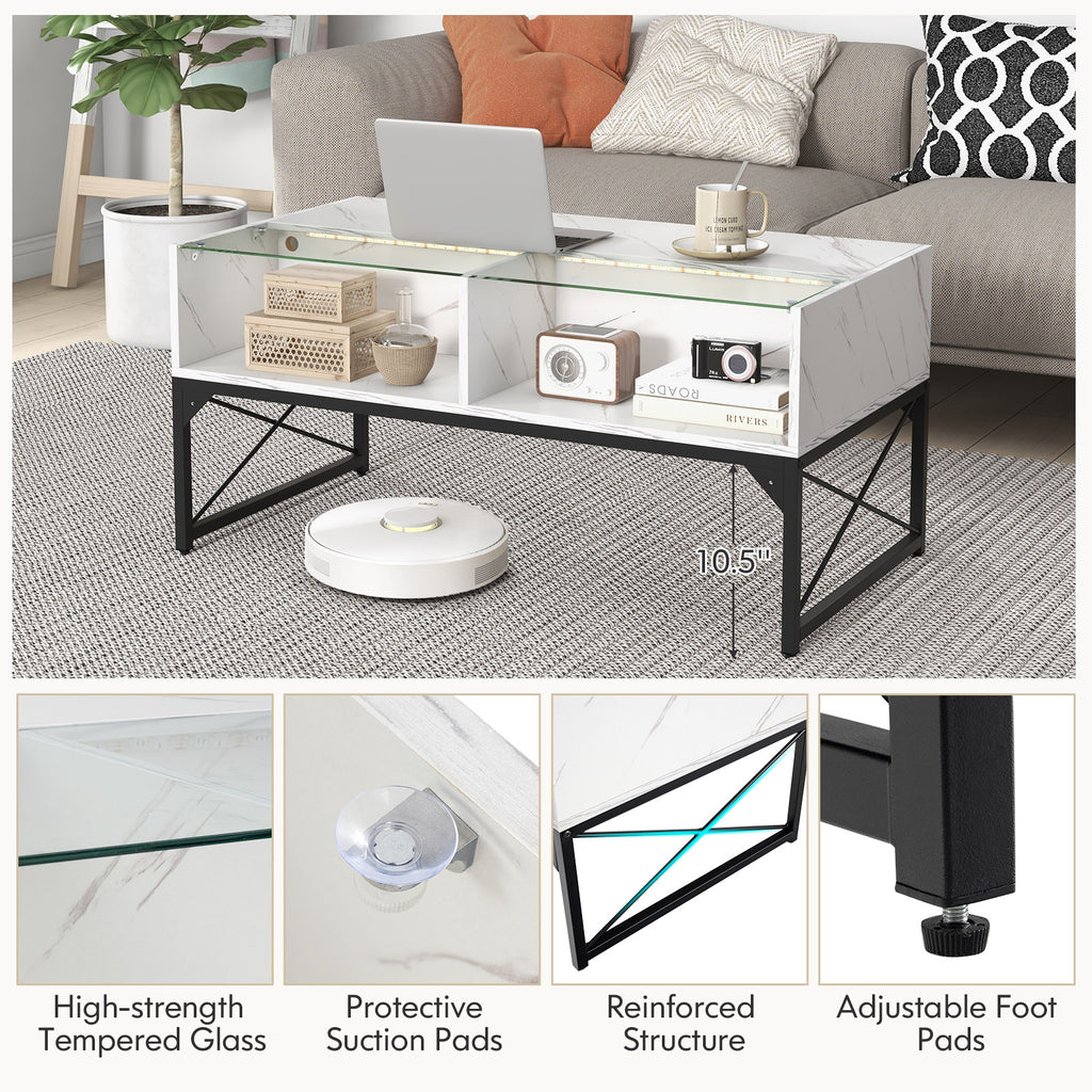Center Table with Faux Marble Top and LED Lights - White