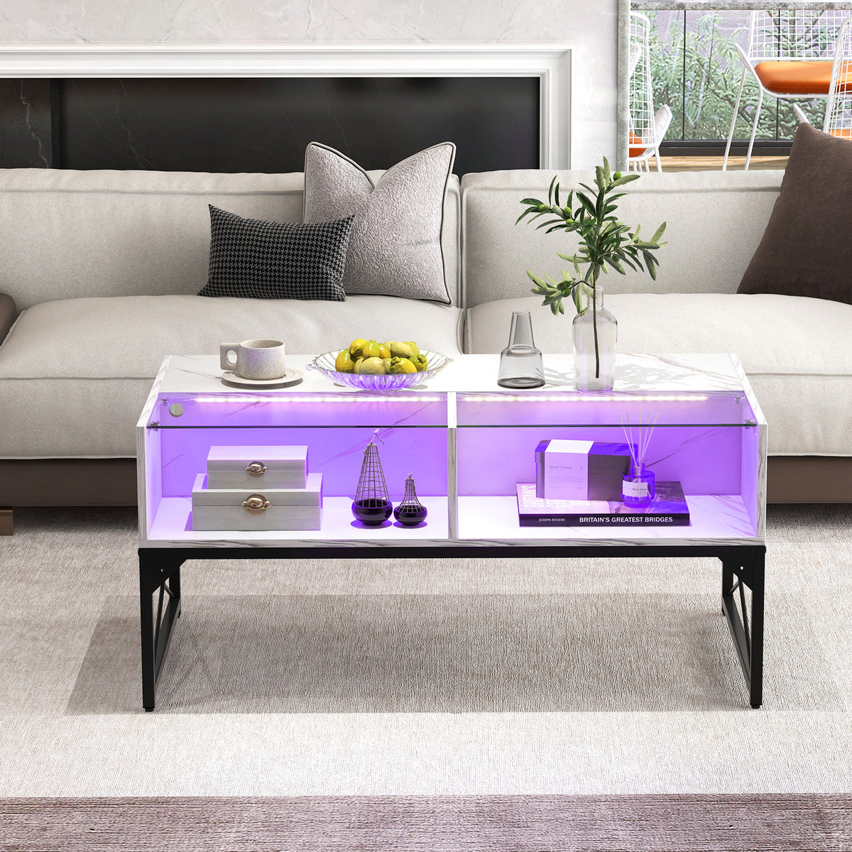 Center Table with Faux Marble Top and LED Lights - White