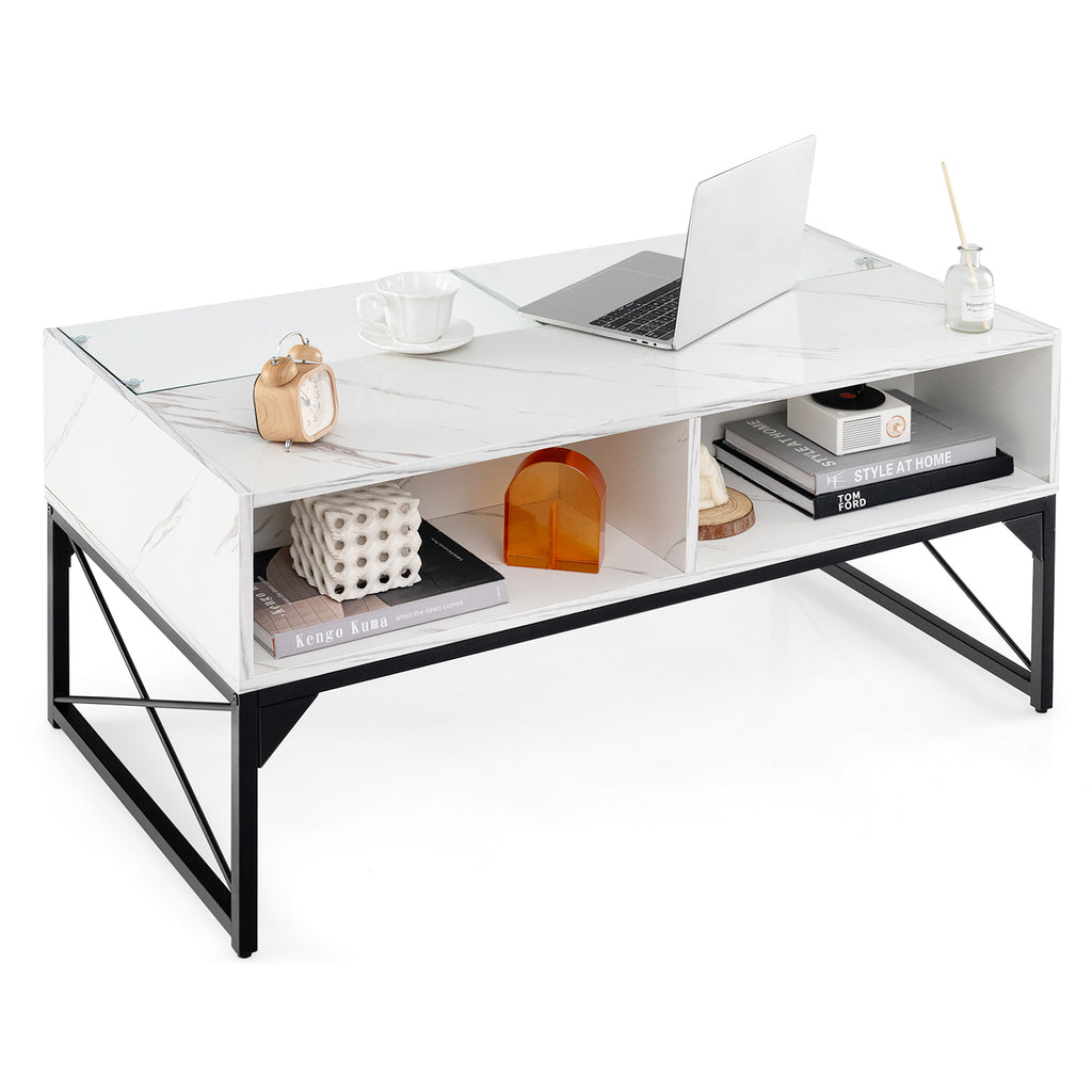 Center Table with Faux Marble Top and LED Lights - White