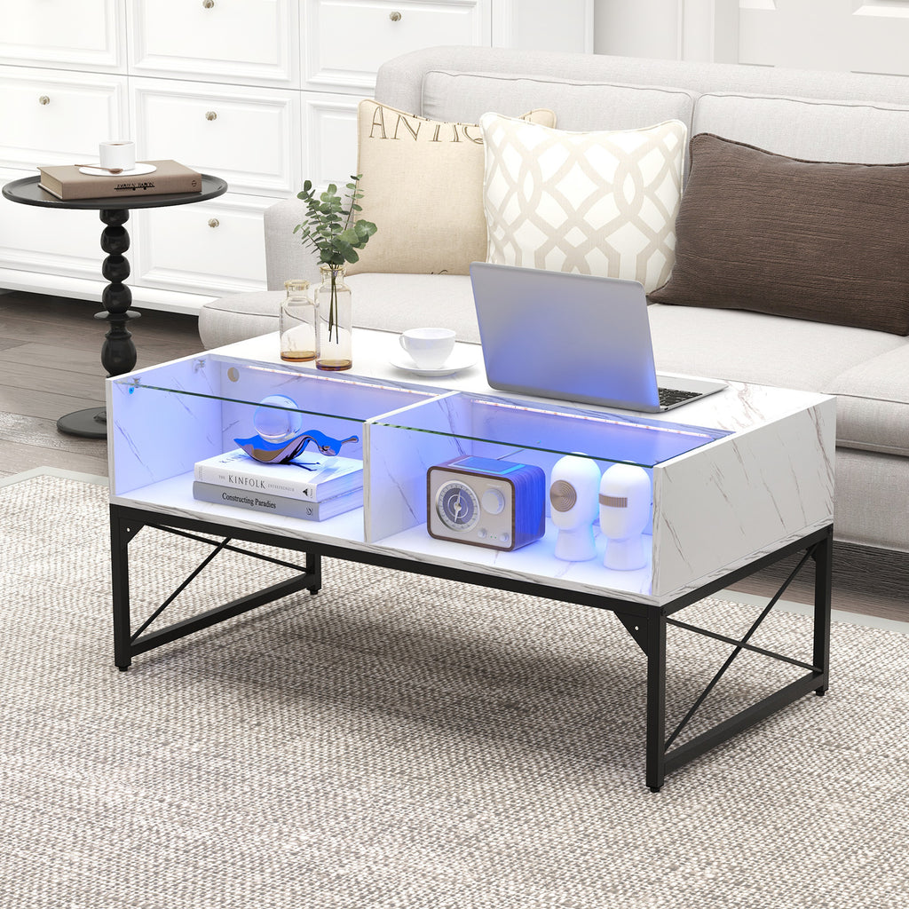 Center Table with Faux Marble Top and LED Lights - White
