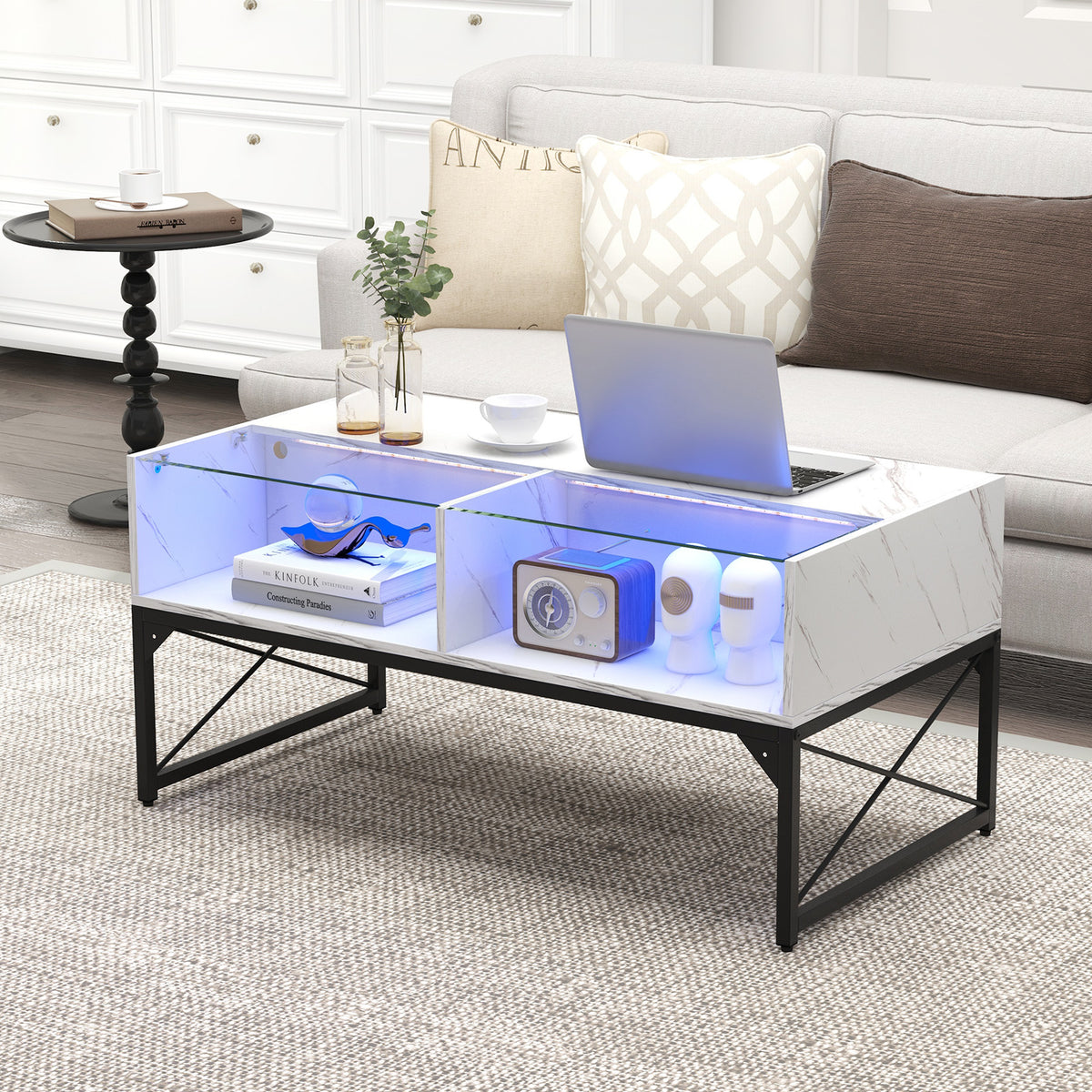 Center Table with Faux Marble Top and LED Lights - White