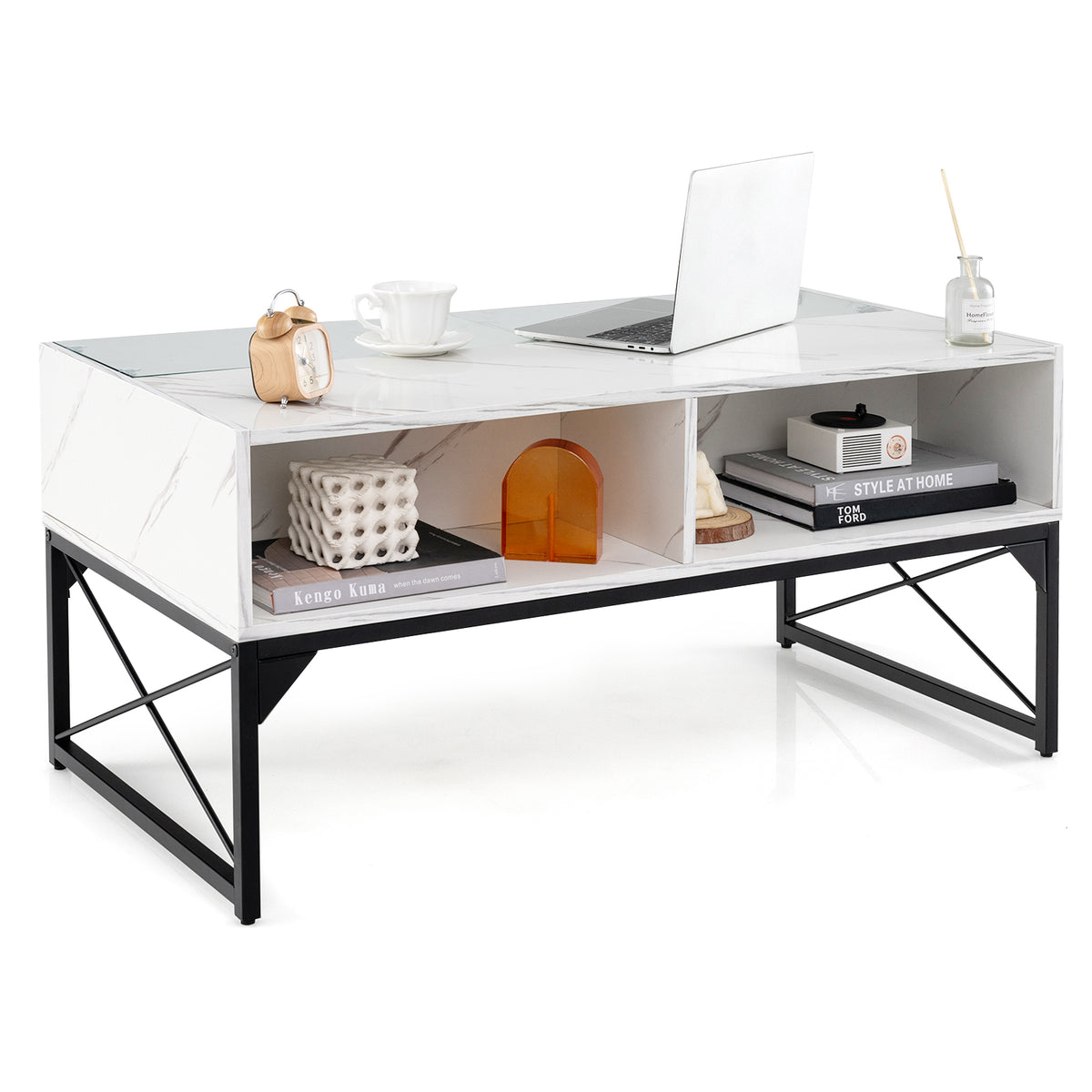 Center Table with Faux Marble Top and LED Lights - White