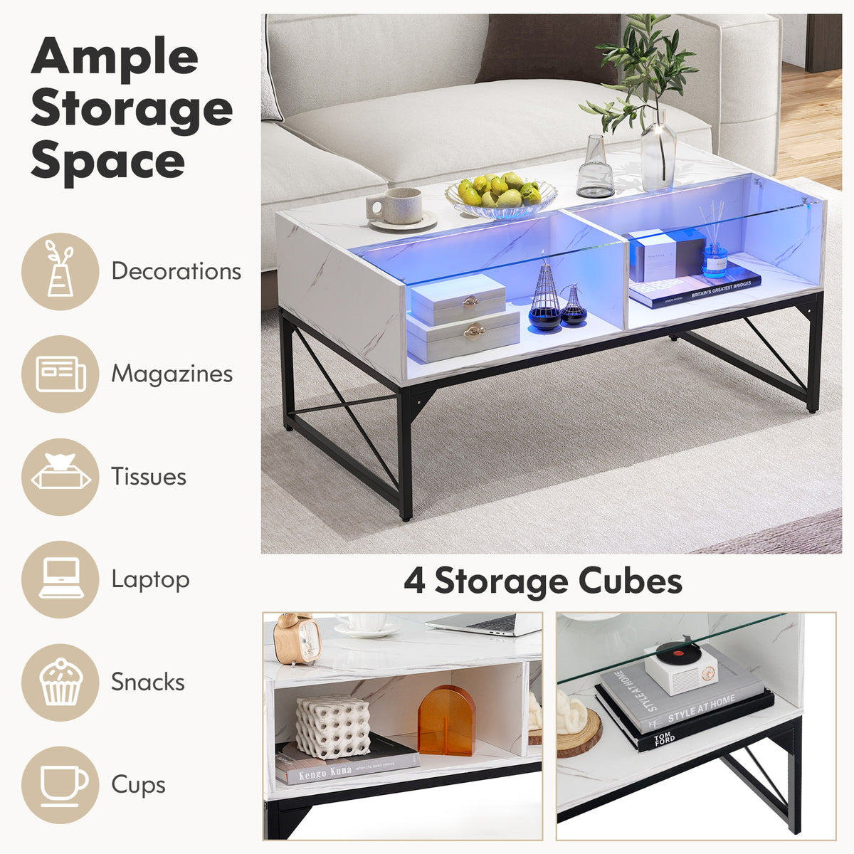 Center Table with Faux Marble Top and LED Lights - White