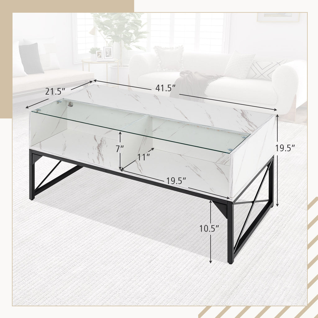 Center Table with Faux Marble Top and LED Lights - White