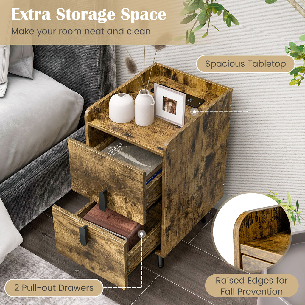 Nightstand Side Table with 2 Drawers & USB Ports, Rustic Brown