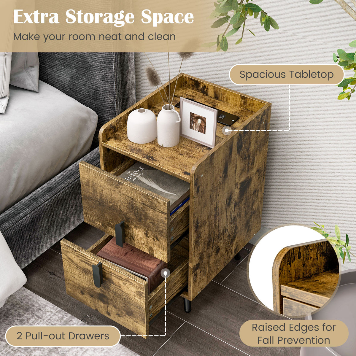 Nightstand Side Table with 2 Drawers & USB Ports, Rustic Brown