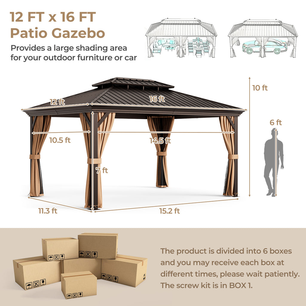 12 x 16 Feet Double-Roof Hardtop Gazebo, Coffee