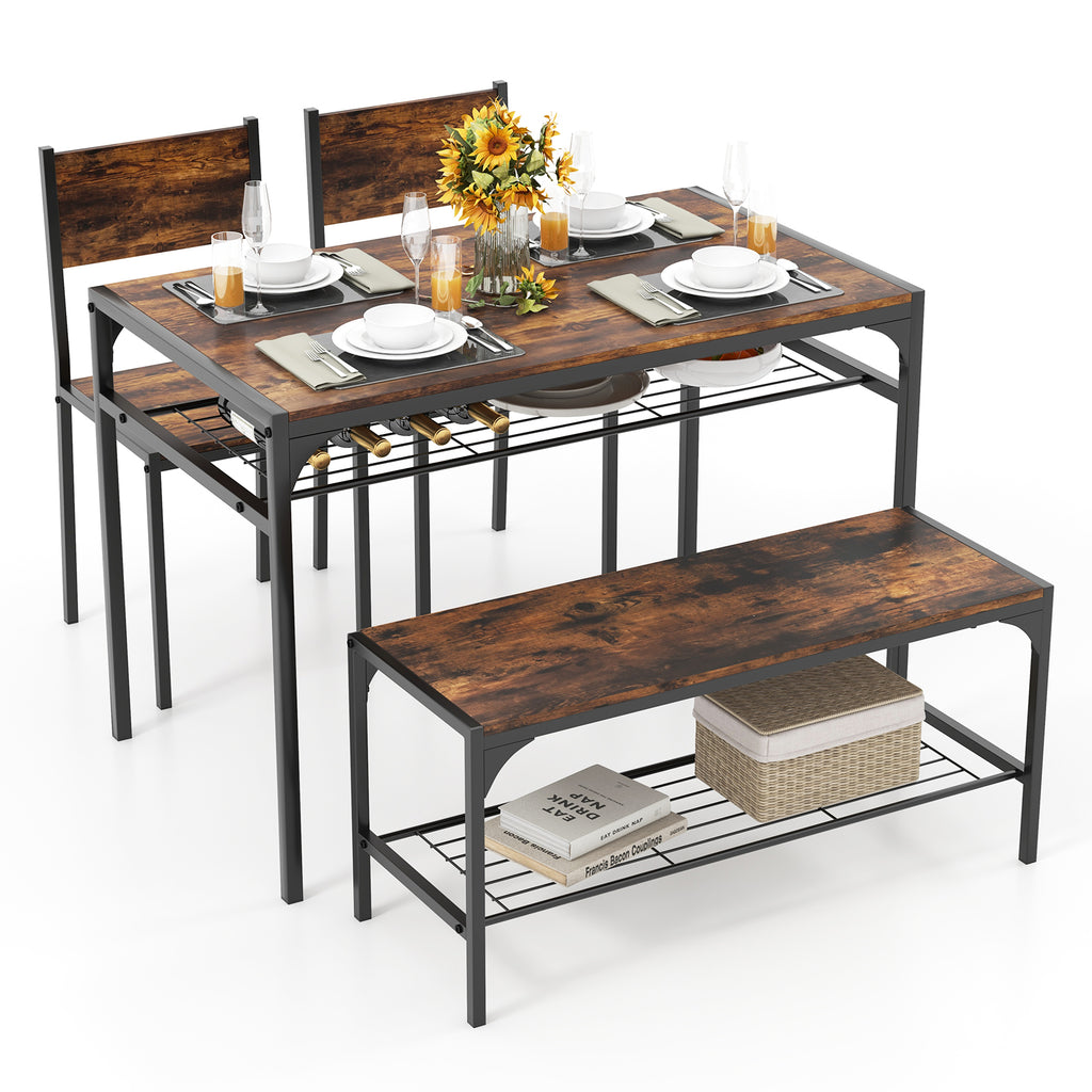 Industrial Dining Table Set with Storage, Bench & Chairs - Gray