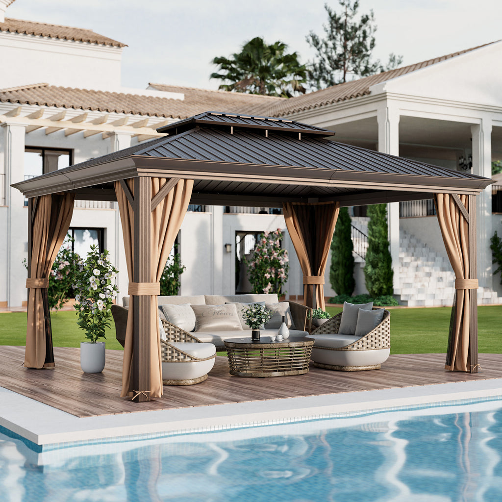 12 x 16 Feet Double-Roof Hardtop Gazebo, Coffee