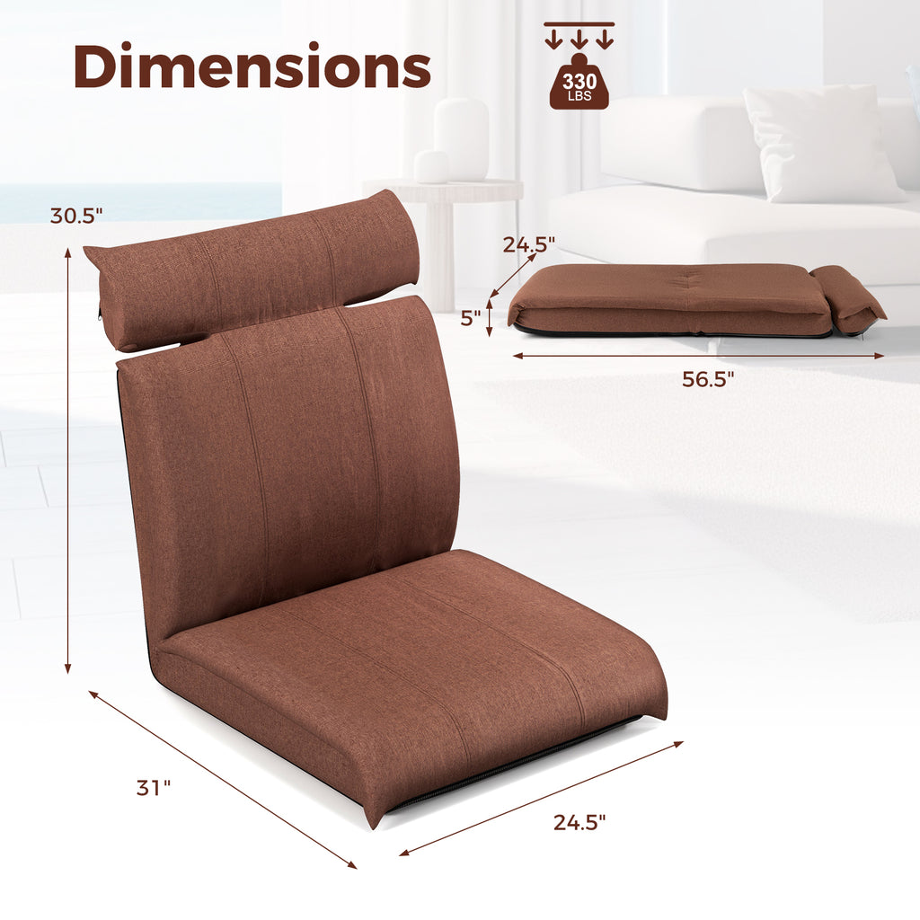 Folding Floor Chair 14-Position Adjustable Backrest Brown