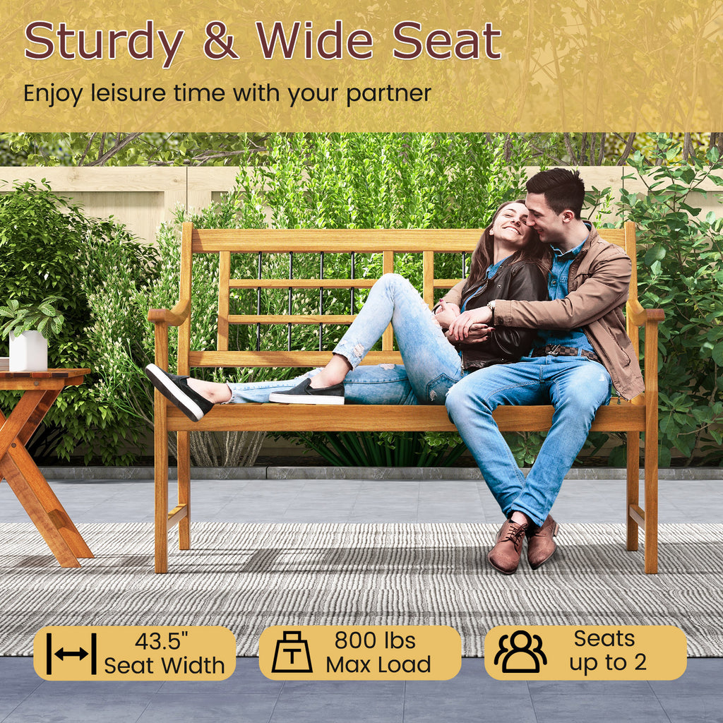 Acacia Wood Patio Bench with Armrests & Backrest – 43.5 Inch