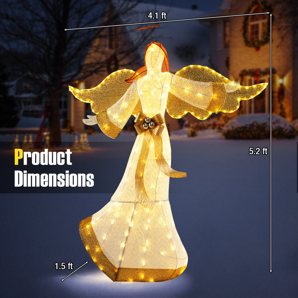 5.2 Feet Christmas Pre-Lit Angel with Halo, Wings & 180 Warm White LED Lights - Outdoor Decor