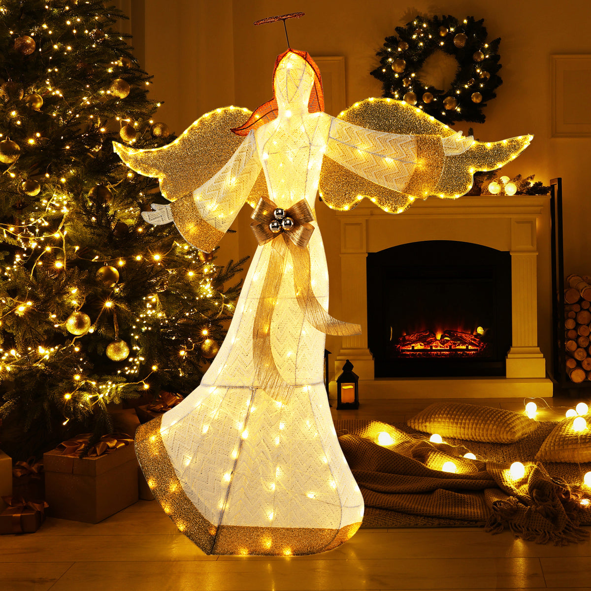 5.2 Feet Christmas Pre-Lit Angel with Halo, Wings & 180 Warm White LED Lights - Outdoor Decor