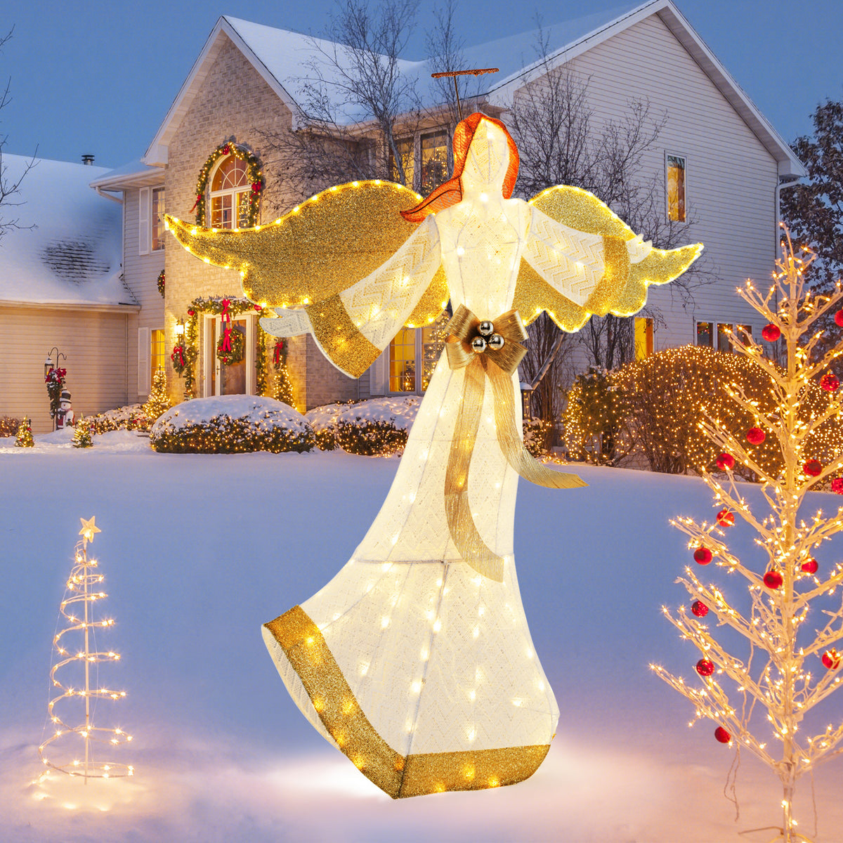 5.2 Feet Christmas Pre-Lit Angel with Halo, Wings & 180 Warm White LED Lights - Outdoor Decor