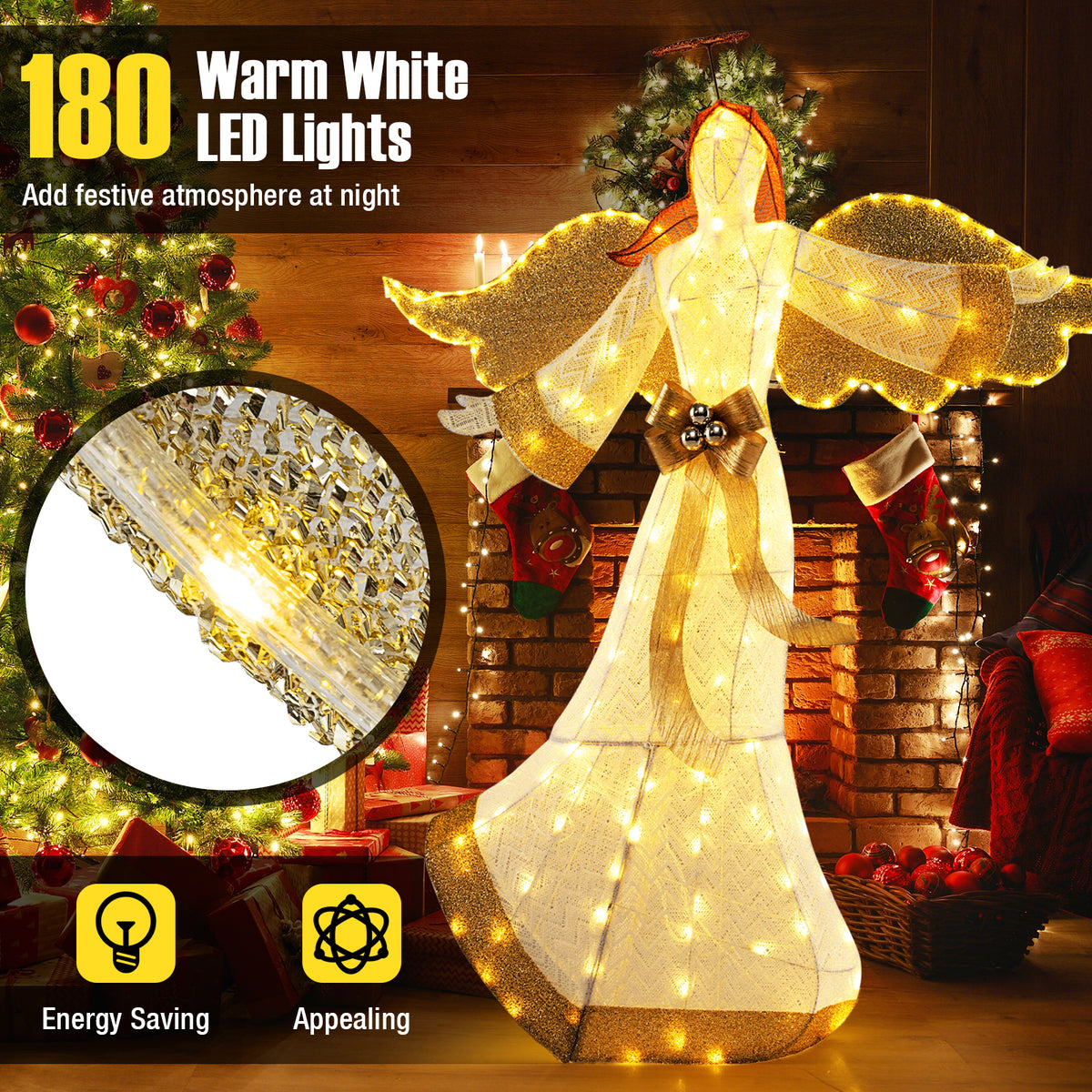 5.2 Feet Christmas Pre-Lit Angel with Halo, Wings & 180 Warm White LED Lights - Outdoor Decor