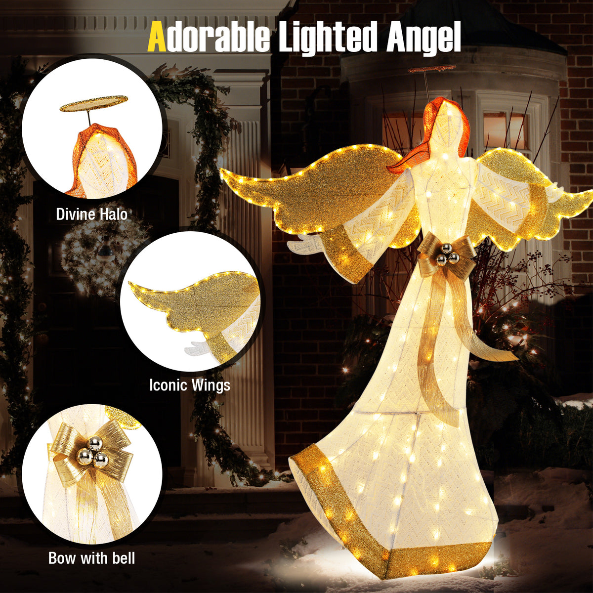 5.2 Feet Christmas Pre-Lit Angel with Halo, Wings & 180 Warm White LED Lights - Outdoor Decor
