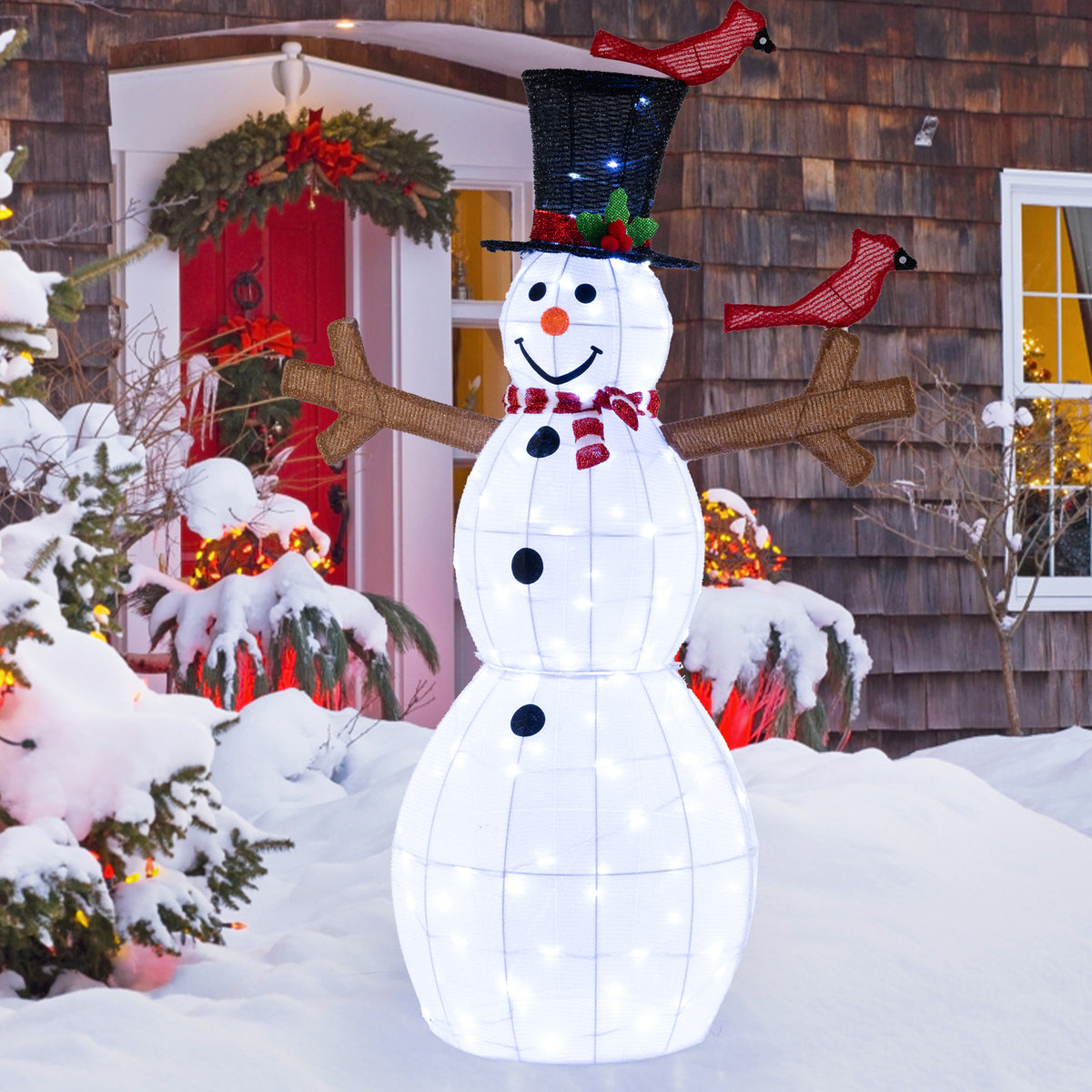 4.8 Feet Christmas Snowman with 120 LED String Lights and Red Bird Decorations