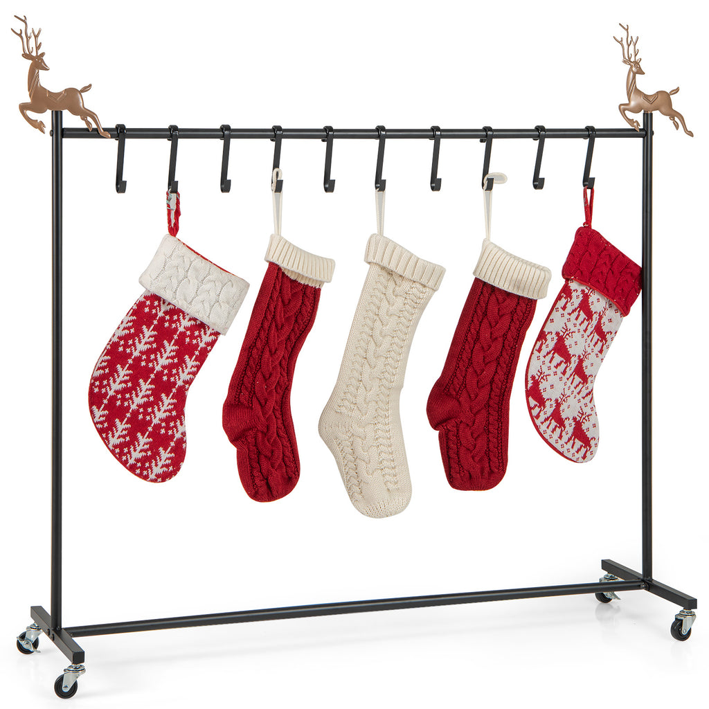 Freestanding Christmas Stocking Holder Stand on Wheels with Black Finish - 10 Hooks