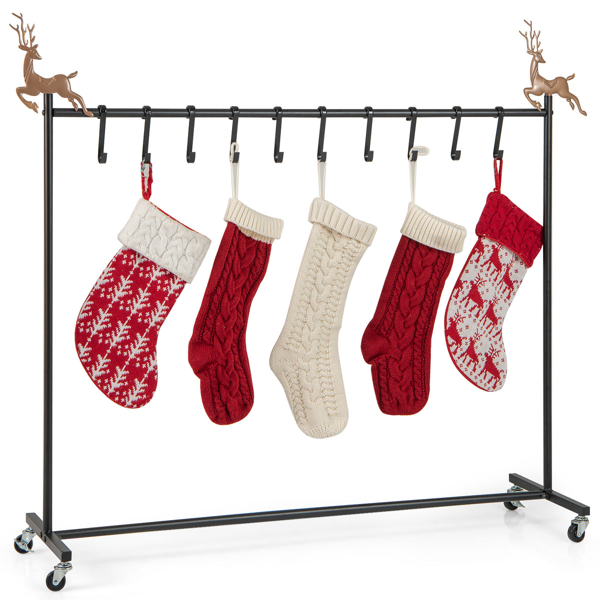 Freestanding Christmas Stocking Holder Stand on Wheels with Black Finish - 10 Hooks