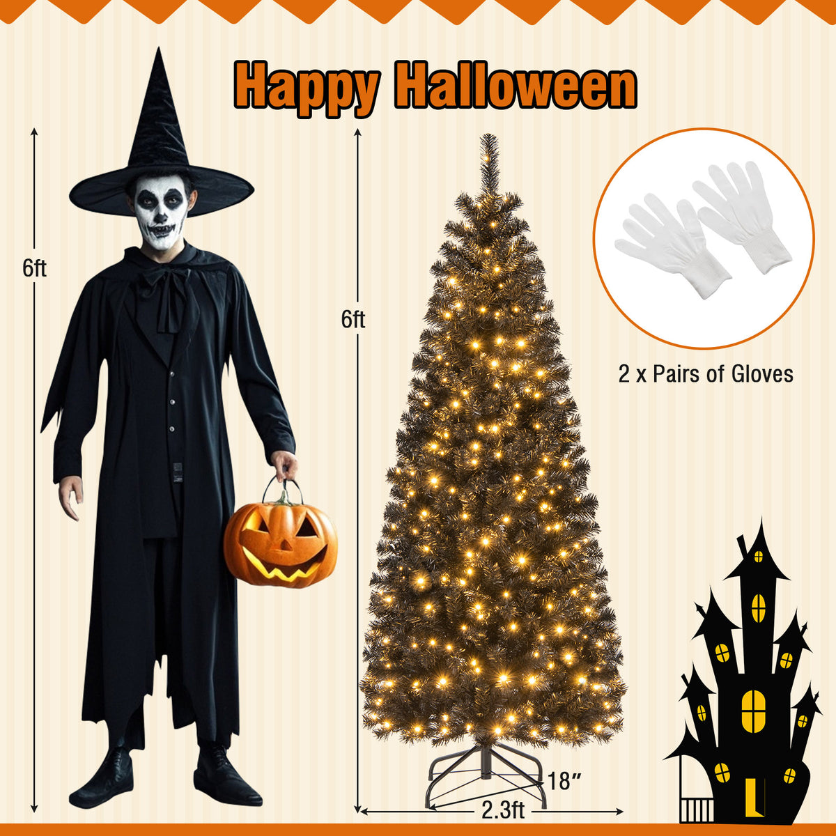 6ft Hinged Halloween Tree with PVC Branch Tips & Warm White LED Lights - White Lights