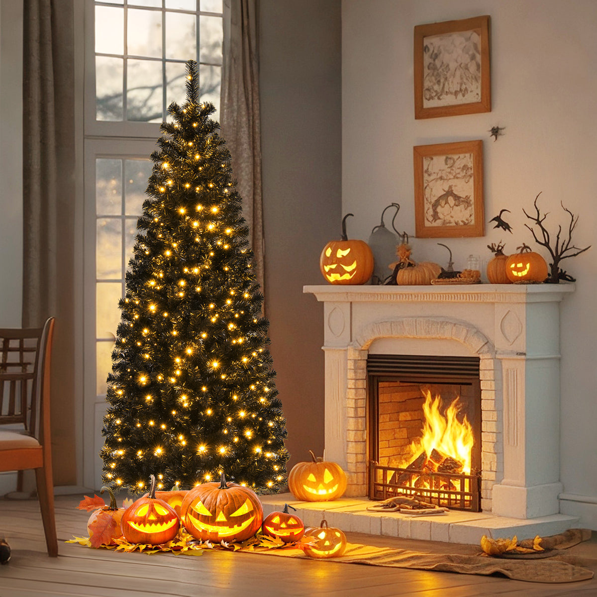6ft Hinged Halloween Tree with PVC Branch Tips & Warm White LED Lights - White Lights