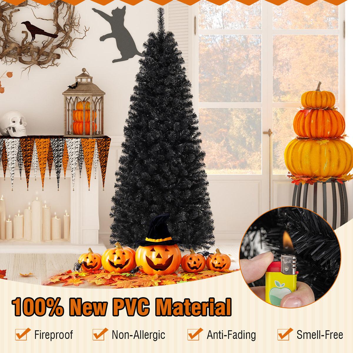 6ft Hinged Halloween Tree with PVC Branch Tips & Warm White LED Lights - White Lights