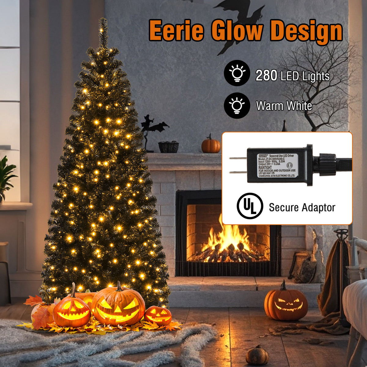 6ft Hinged Halloween Tree with PVC Branch Tips & Warm White LED Lights - White Lights