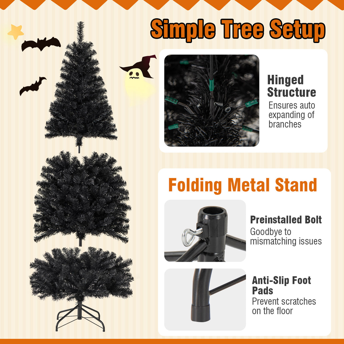 6ft Hinged Halloween Tree with PVC Branch Tips & Warm White LED Lights - White Lights