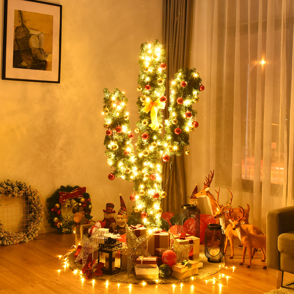 6 ft Artificial Cactus Christmas Tree with LED Lights & Ornaments - Costway