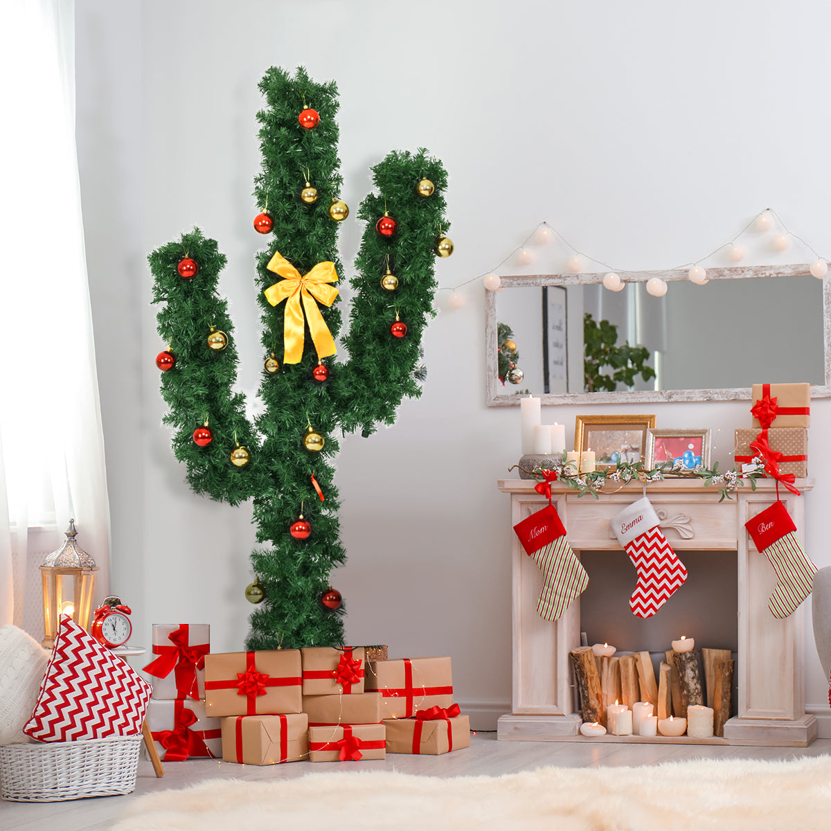 6 ft Artificial Cactus Christmas Tree with LED Lights & Ornaments - Costway
