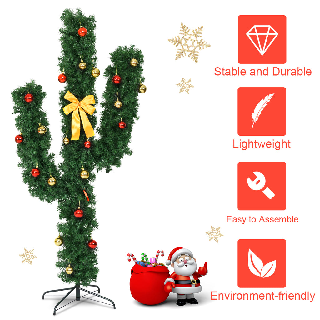 6 ft Artificial Cactus Christmas Tree with LED Lights & Ornaments - Costway
