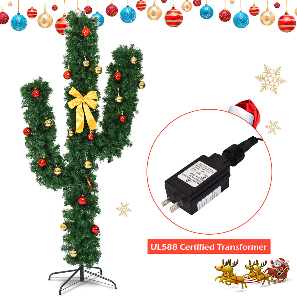 6 ft Artificial Cactus Christmas Tree with LED Lights & Ornaments - Costway