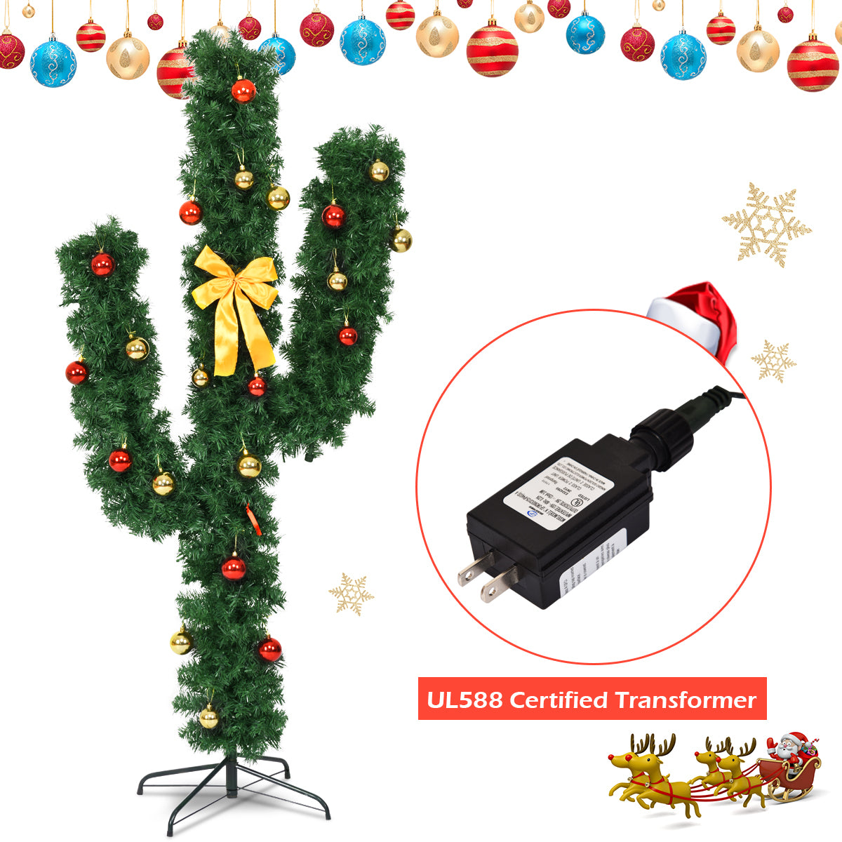 6 ft Artificial Cactus Christmas Tree with LED Lights & Ornaments - Costway