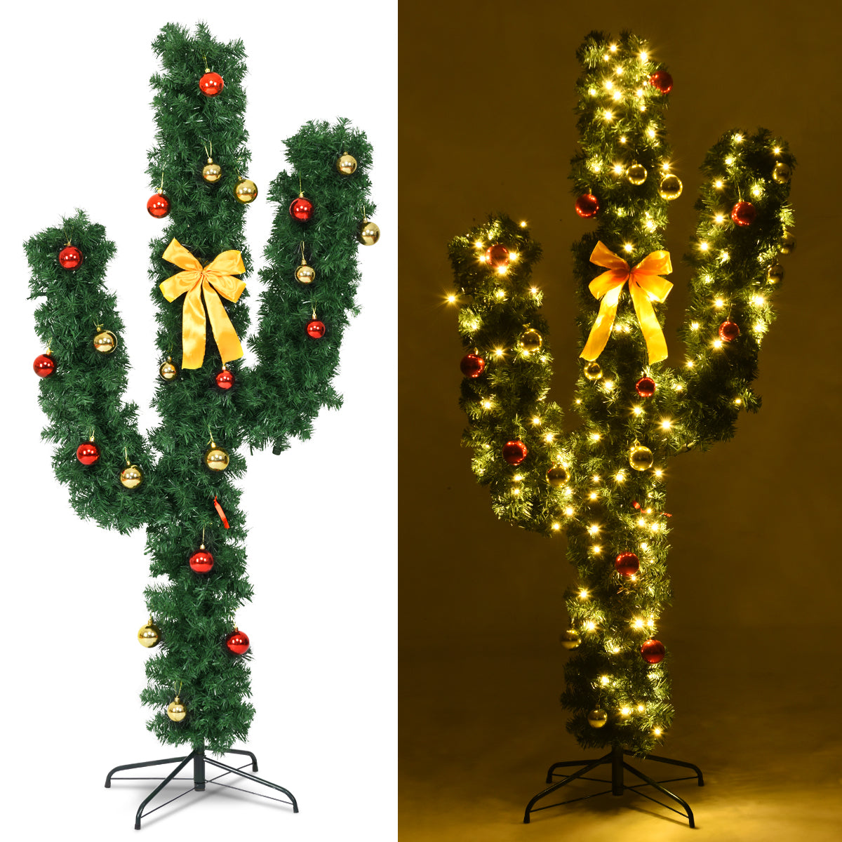 6 ft Artificial Cactus Christmas Tree with LED Lights & Ornaments - Costway