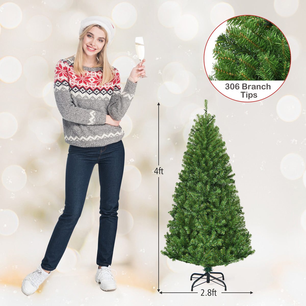 4 Ft Artificial Hinged Christmas Tree with LED Lights - Realistic PVC Needles