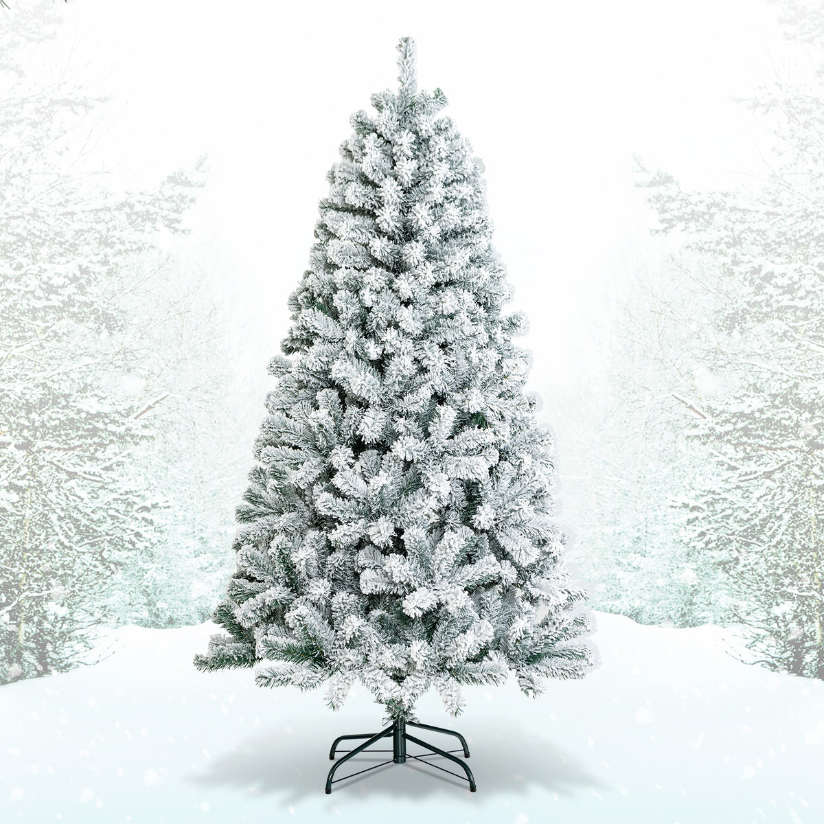 6 Ft Artificial Snow-Flocked Hinged Christmas Tree with Metal Stand