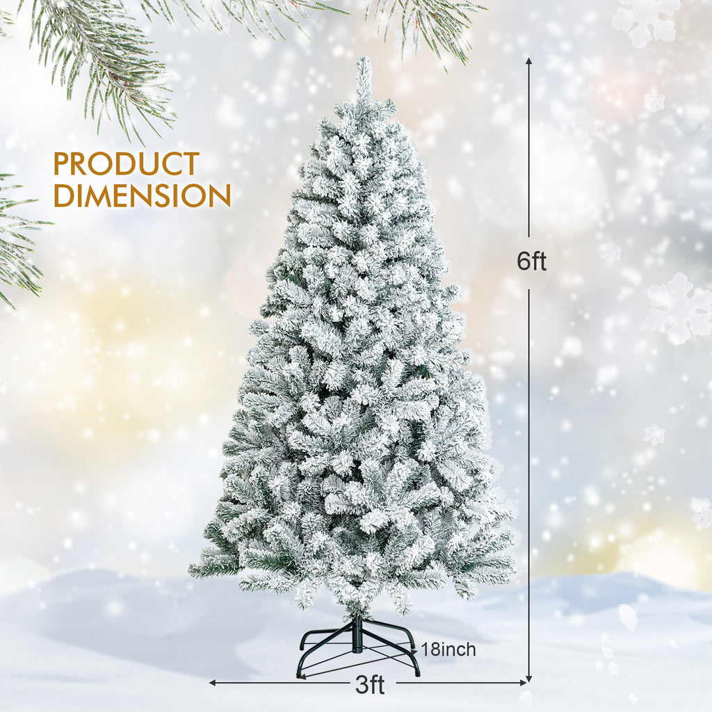 6 Ft Artificial Snow-Flocked Hinged Christmas Tree with Metal Stand