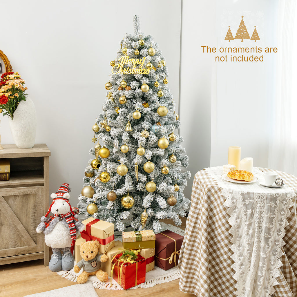 6 Ft Artificial Snow-Flocked Hinged Christmas Tree with Metal Stand