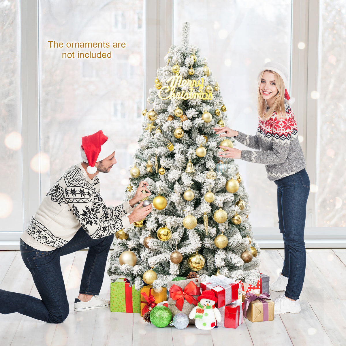 6 Ft Artificial Snow-Flocked Hinged Christmas Tree with Metal Stand
