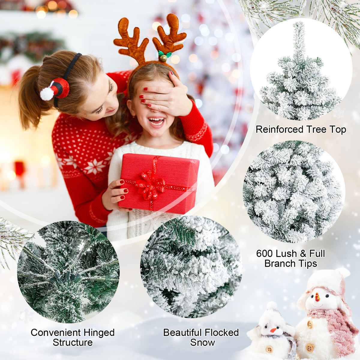 6 Ft Artificial Snow-Flocked Hinged Christmas Tree with Metal Stand